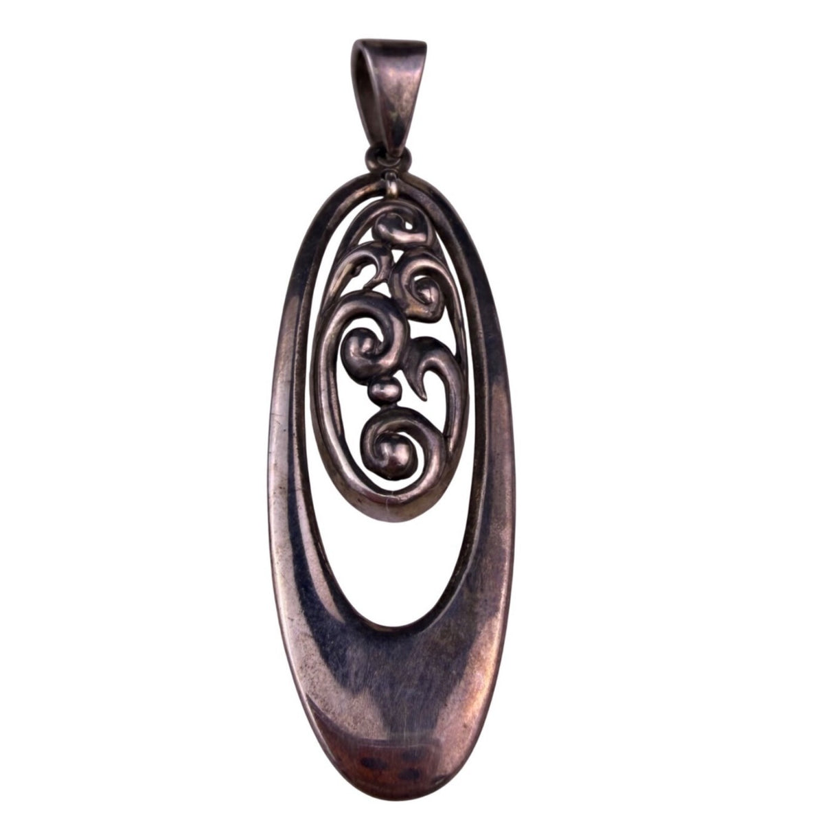 Oval Italian Sterling Silver Pendant 925 Intricate Filigree Wave Patter