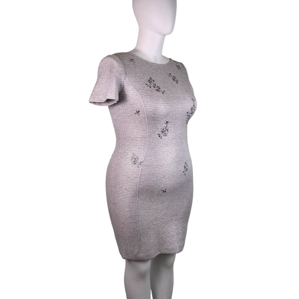 St. John Women’s Silver Sheath Metallic Dress Embroidered Short Sleeve Sz 12