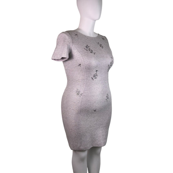 St. John Women’s Silver Sheath Metallic Dress Embroidered Short Sleeve Sz 12