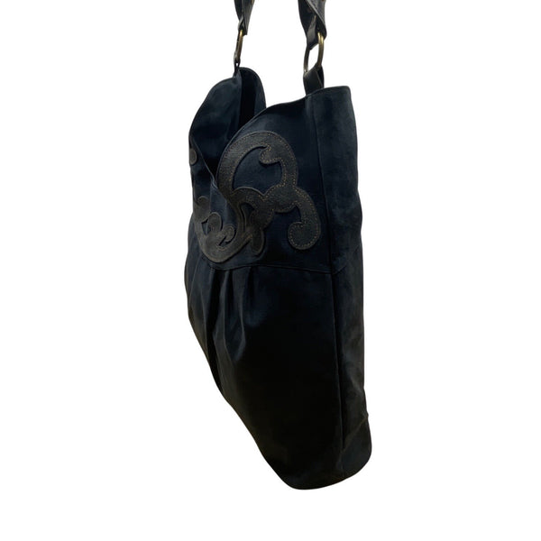 Black Faux Suede With Embroidered Swirl Detail & Brass Hardware Shoulder Bag