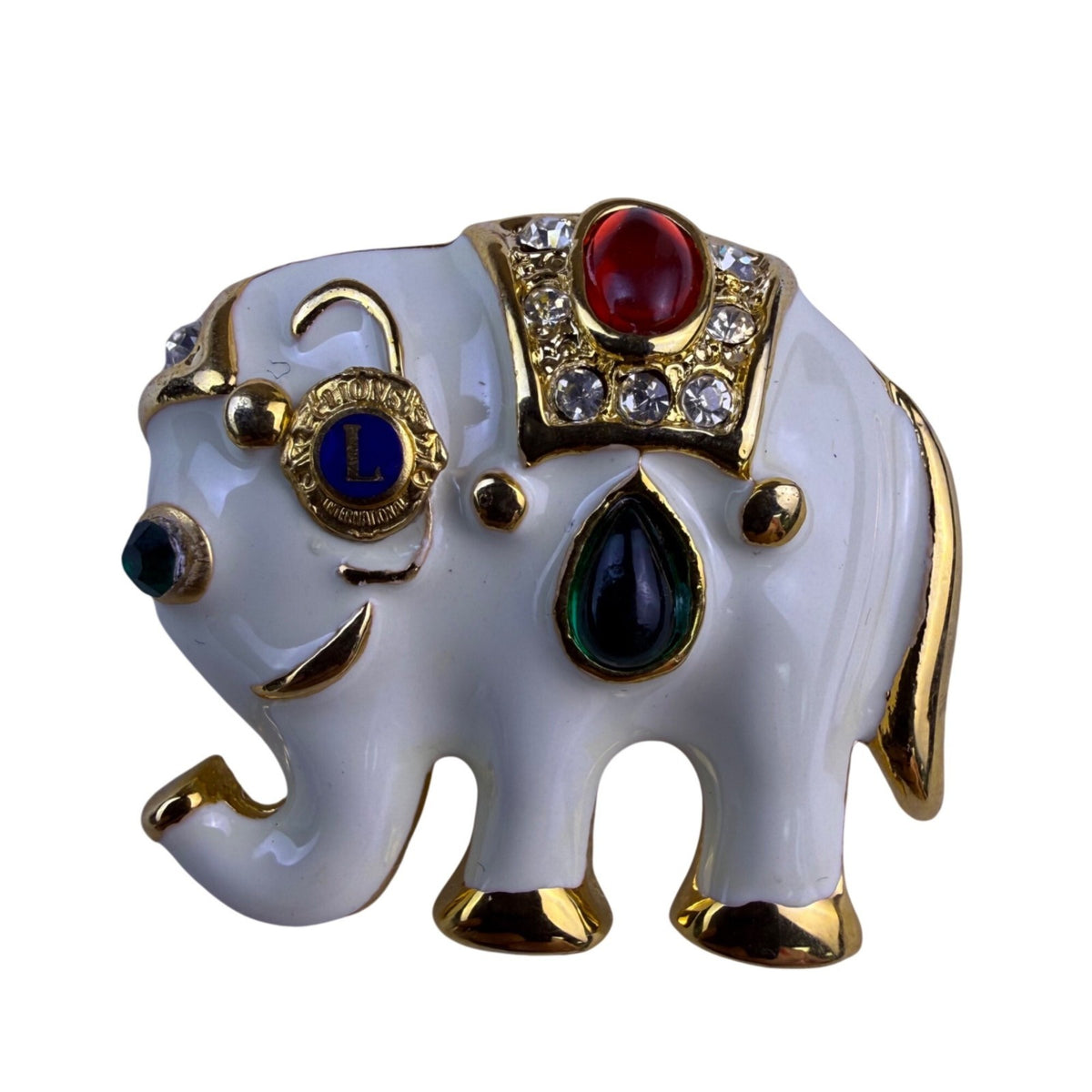 Lions Club Vintage Gold Tone Enamel Elephant Brooch With Rhinestones Details