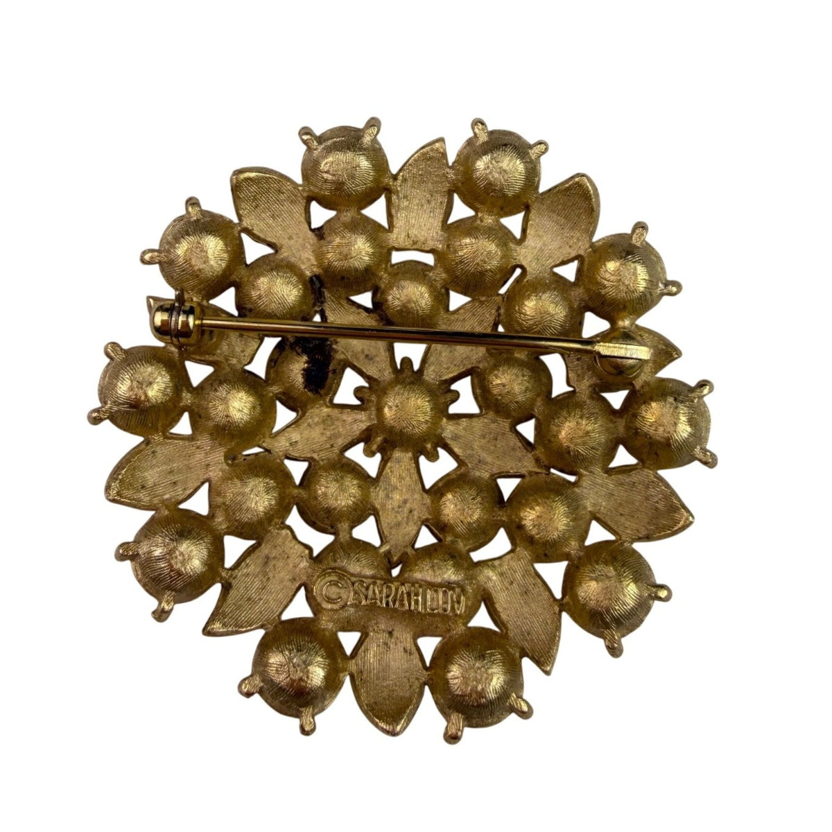 Sarah Coventry Gold Tone Womens Brooch Amber Rhinestones Floral Vintage