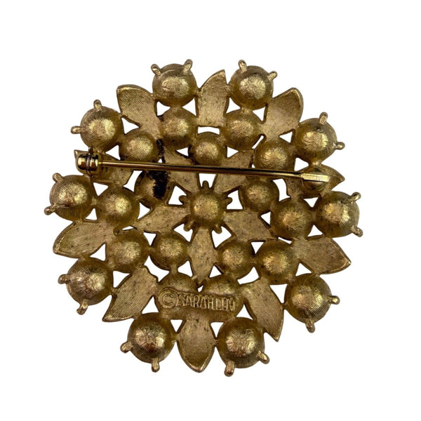 Sarah Coventry Gold Tone Womens Brooch Amber Rhinestones Floral Vintage