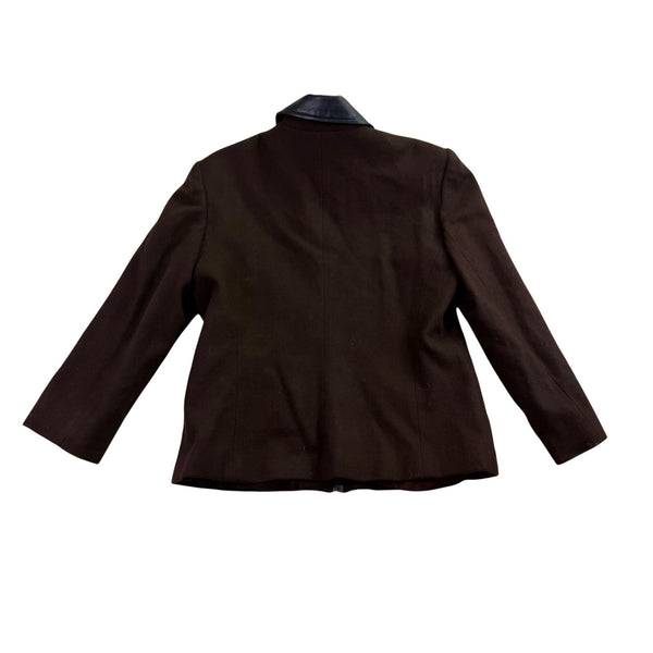 New Frontier Women’s Brown Wool Jacket Leather Trim Zip Front Vintage Size L 