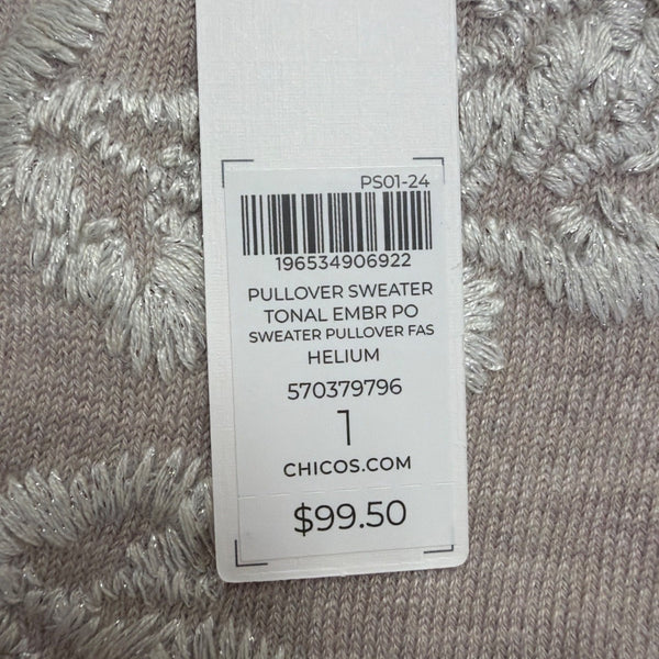 Chicos Womens Beige Embroidered Floral Design Knit Sweater Size M