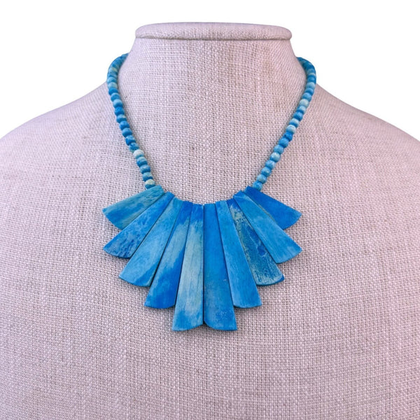 Turquoise Dyed Bone Bib Necklace Blue Beaded Statement Jewelry