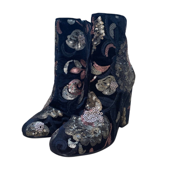 Aldo Women’s Black Velvet & Gold Sequin Floral Decor Fiery Ankle Boots Size 6