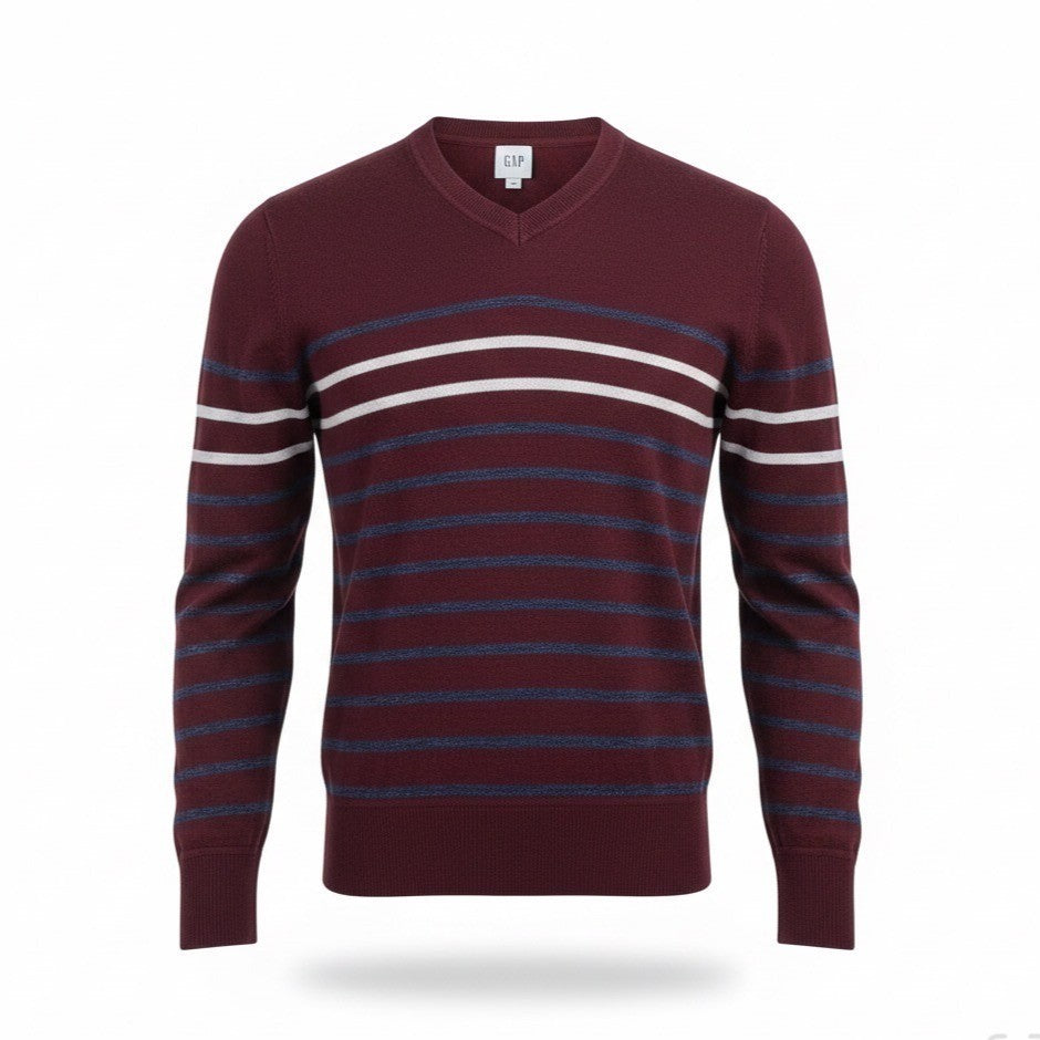 Gap Mens Burgundy Cotton Blend Stripe V-Neck  Medium Lightweight Casual Knit