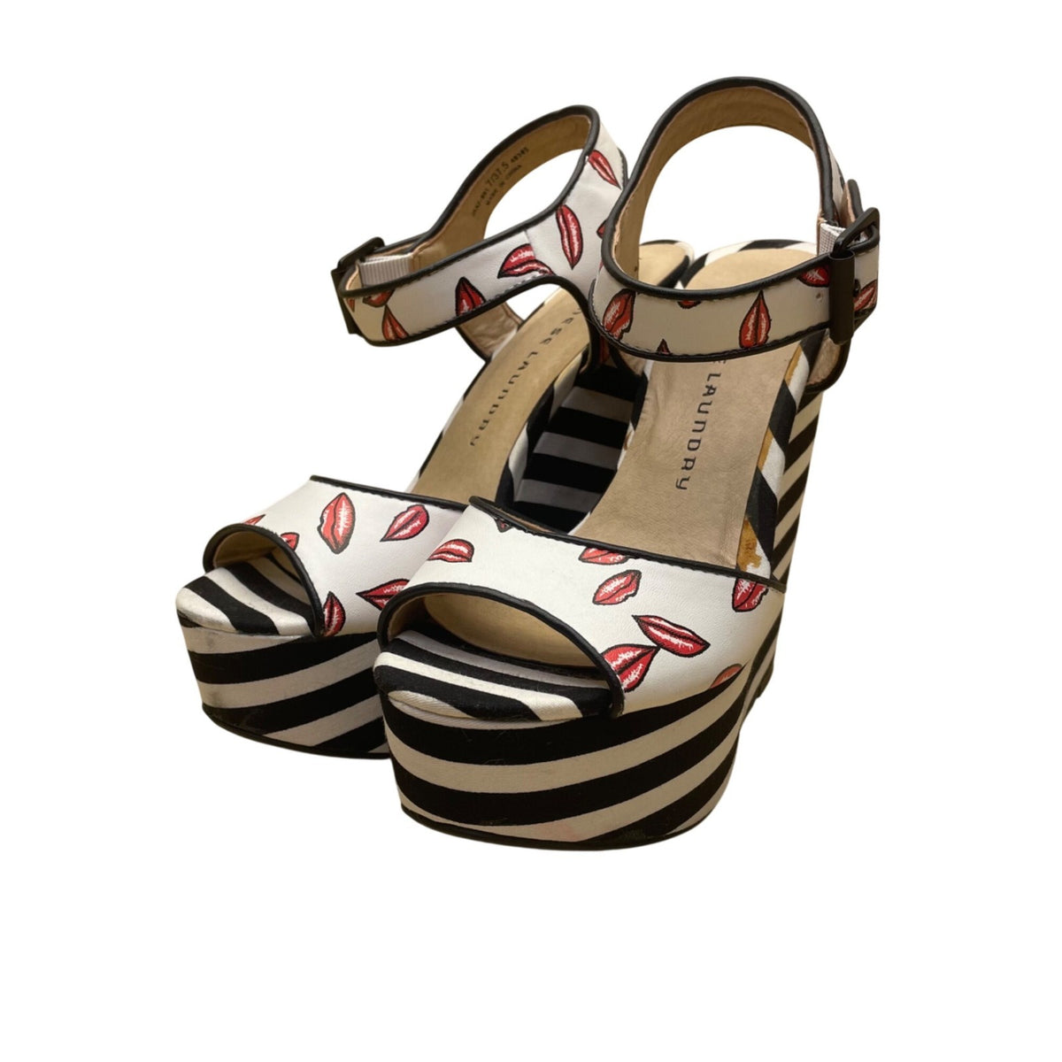 Chinese Laundry Women’s Black White Lips Print Striped Open Toe Wedge Heel Sz 7