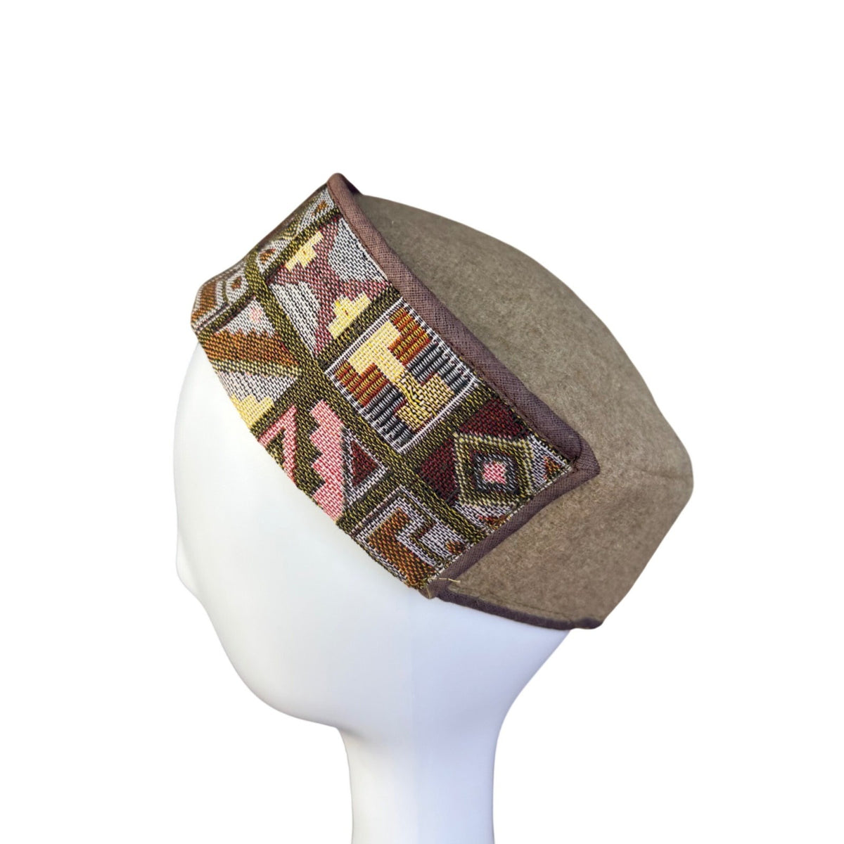 Wool Unisex Beige & Multicolor Geometric-Pattern Cap Handmade