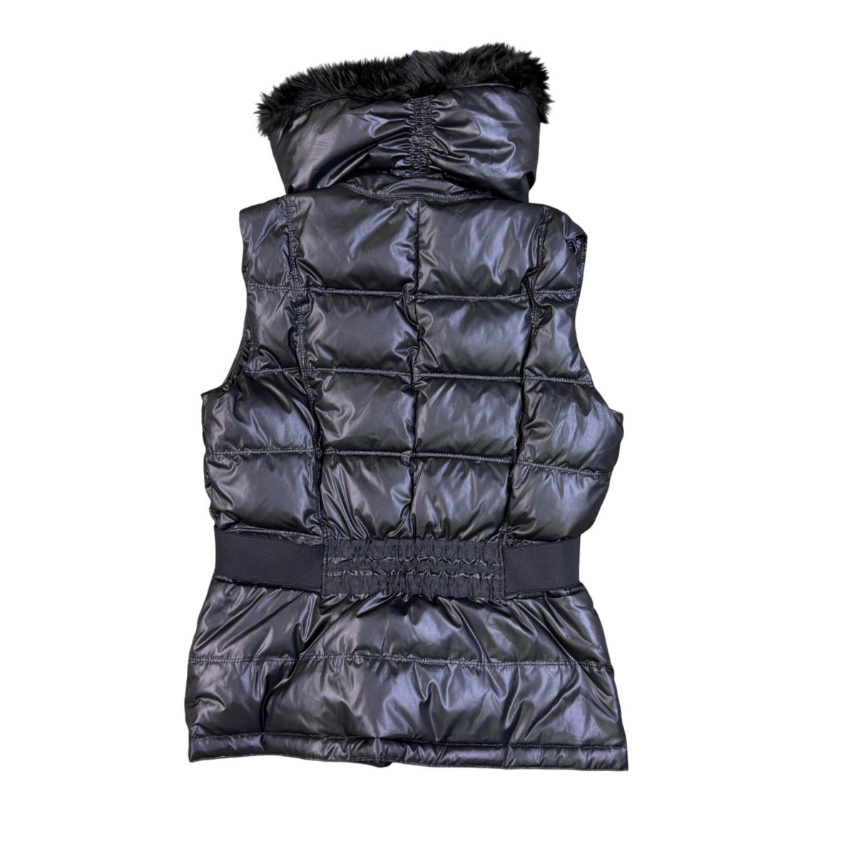 Zara Basic Womens Black Down Puffer Vest Faux Fur Collar Belted Quilted Size M