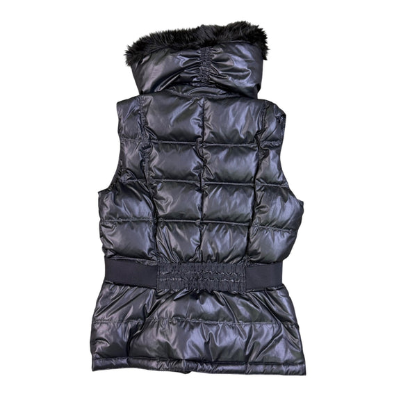 Zara Basic Womens Black Down Puffer Vest Faux Fur Collar Belted Quilted Size M