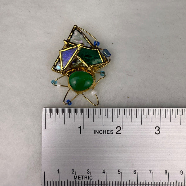 Abstract Gold Tone & Multicolor Glass Brooch Artistic Pin Unique Design