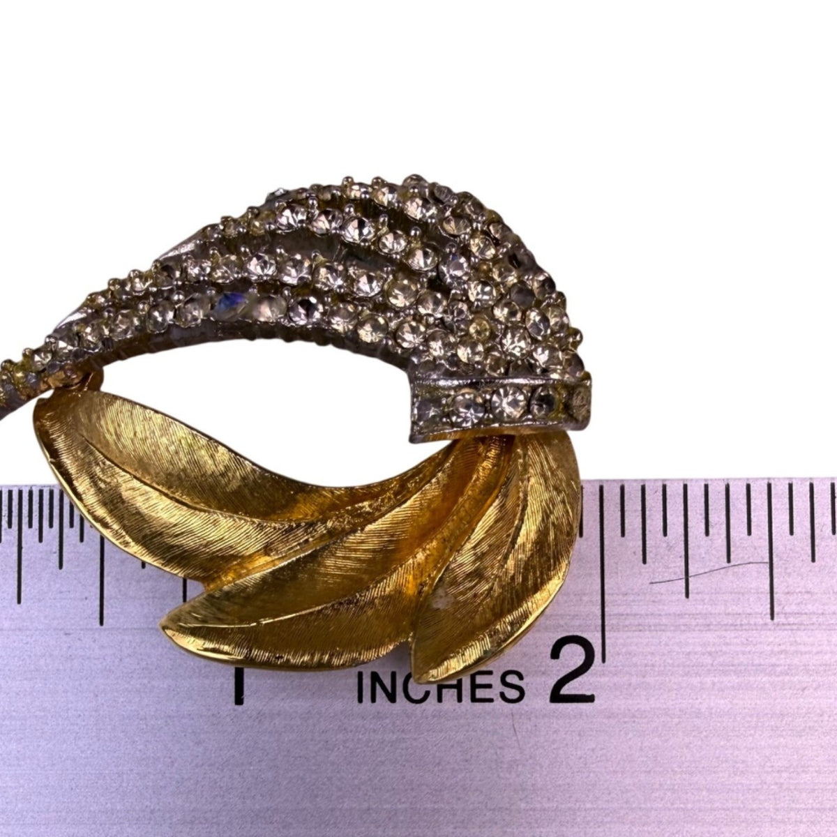 Mid-Century Gold Tone Rhinestone Feather Brooch Elegant Vintage Design
