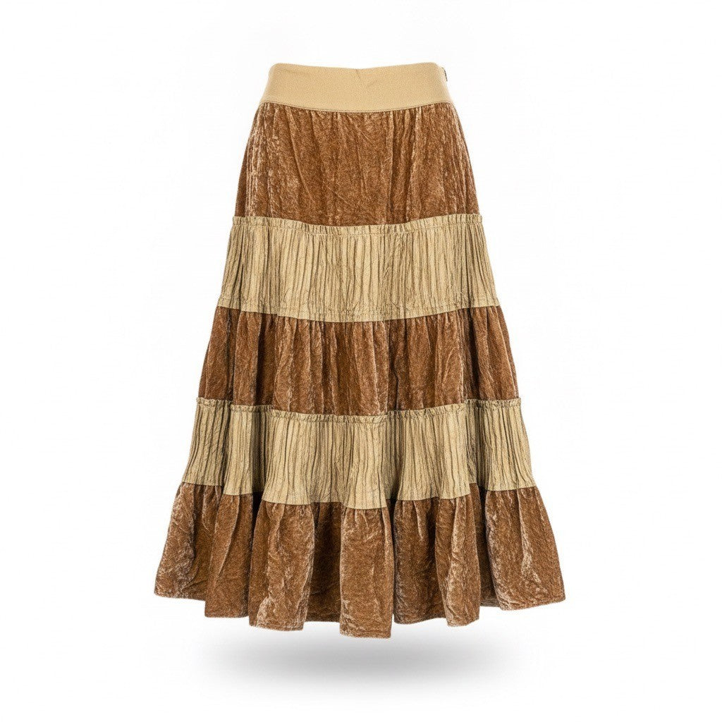 Edward Womens Brown/Beige Bohemian Tiered Midi Skirt Elastic Waist Size 4