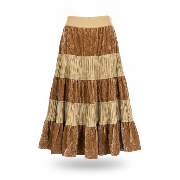 Edward Womens Brown/Beige Bohemian Tiered Midi Skirt Elastic Waist Size 4
