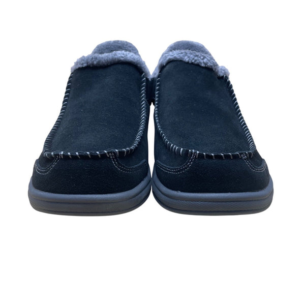 Orthofeet Men’s Black Leather With Faux Fur Lining Slip-On Slippers Size 12 Wide