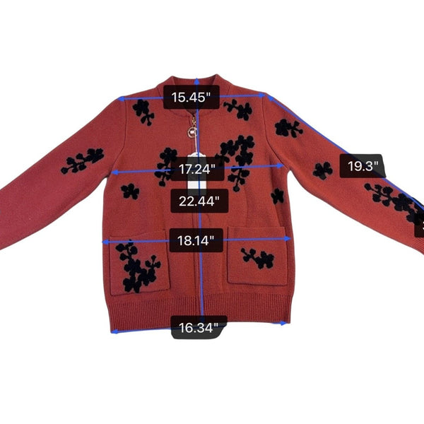 Womens Rust & Black Embroidered Pattern Knit Cardigan With Zipper & Pockets
