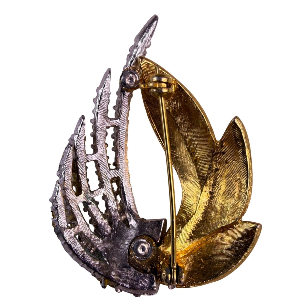Mid-Century Gold Tone Rhinestone Feather Brooch Elegant Vintage Design