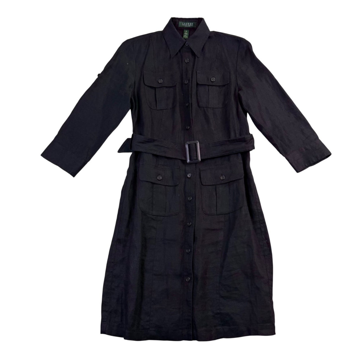 Lauren Ralph Lauren Womens Black Linen Belted Button-Up Pocket Shirt Dress Sz 2P