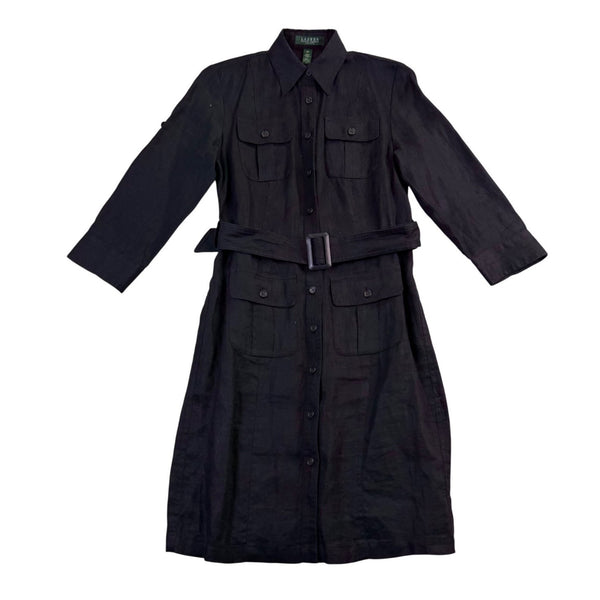 Lauren Ralph Lauren Womens Black Linen Belted Button-Up Pocket Shirt Dress Sz 2P