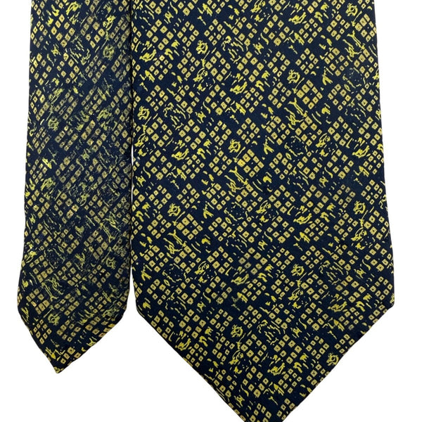Brioni Mens Navy Yellow Silk Tie Geometric Pattern Handmade In Italy 3.5" Wide