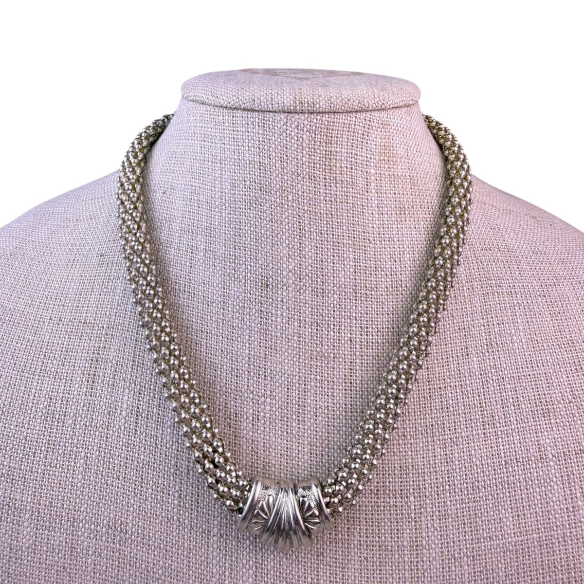 Vintage Silver Tone Mesh Choker Necklace Elegant Sculpted Bead Detail