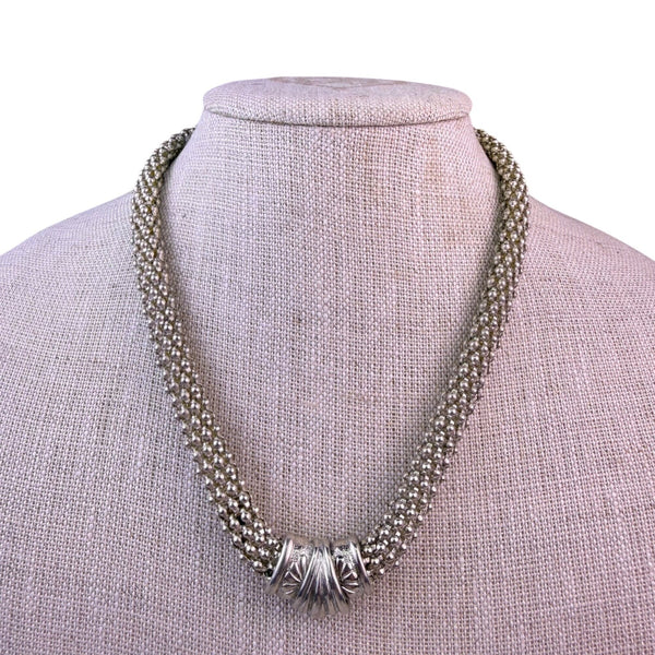 Vintage Silver Tone Mesh Choker Necklace Elegant Sculpted Bead Detail