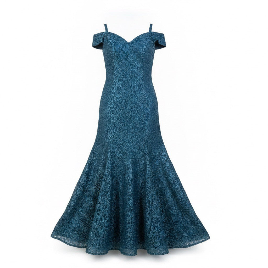 R&M Richards Womens Blue Off-Shoulder Lace Gown Formal Evening Wear Size 6