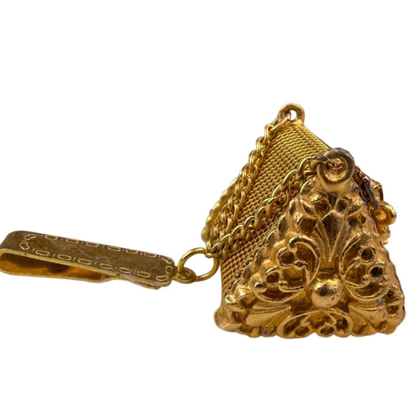 Miniature Vintage Gold-Toned Mesh Pillbox With Chain Clip & Rhinestone Detail