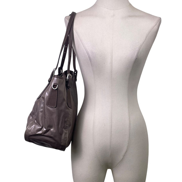 Tods Women’s Gray Patent & Brown Double Strap Signature Logo Accent Tote Bag