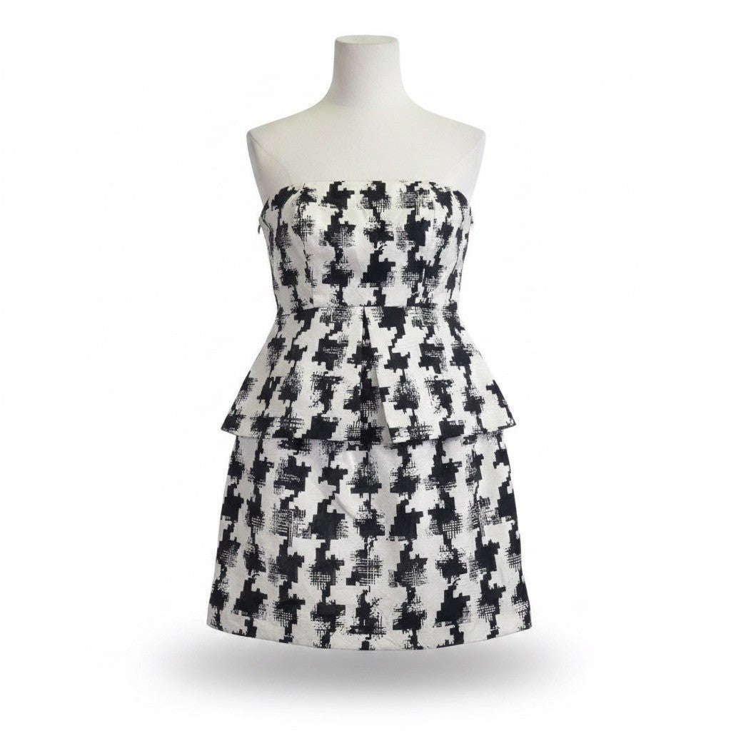 Eliza Miche Womens Black & White Strapless Peplum Dress Houndstooth Printed Sz M