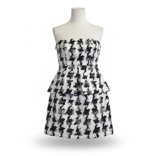 Eliza Miche Womens Black & White Strapless Peplum Dress Houndstooth Printed Sz M