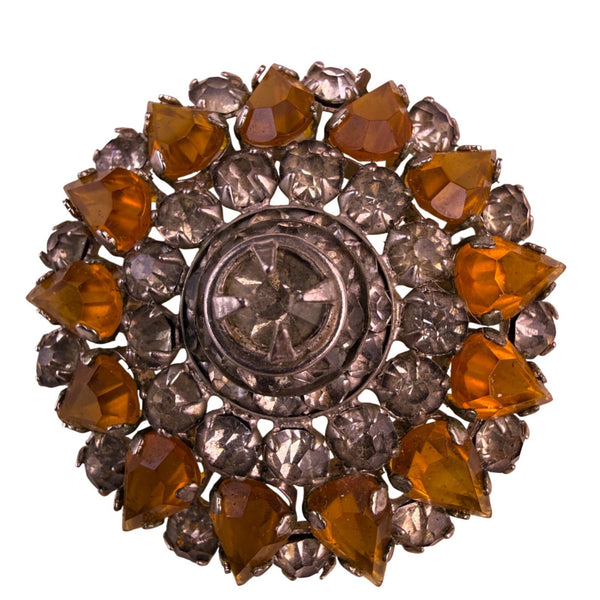 Vintage  Silver Tone Amber Rhinestone Round Pin Brooch