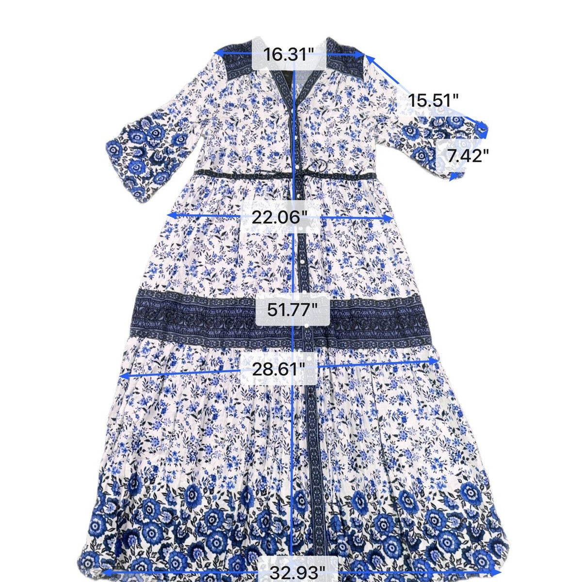 R. Vivimos Womens Blue & White Floral Maxi Dress Cotton Button Down Size XL