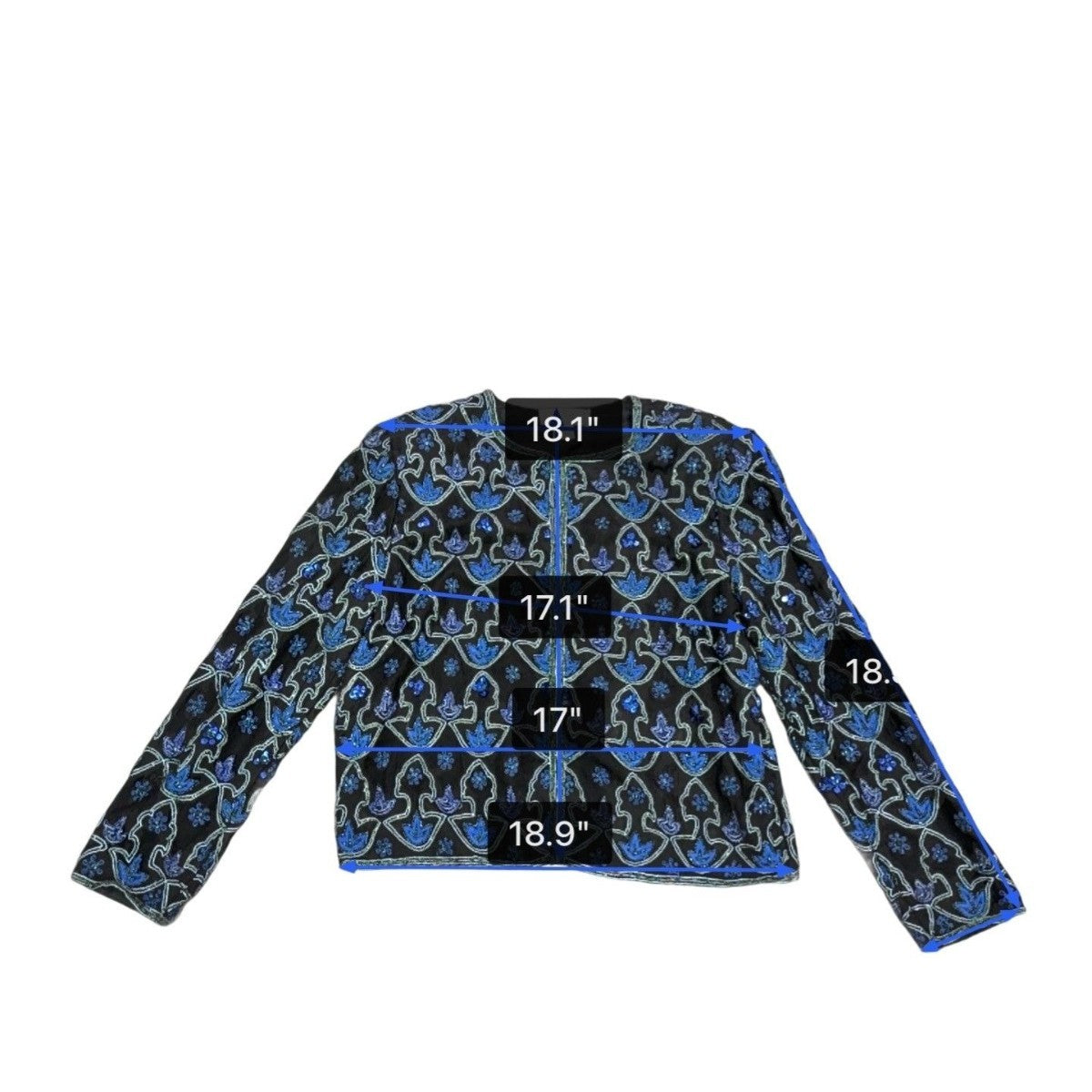 Laurence Kazar Womens Black & Blue Silk Beaded Floral Jacket Elegant Size M