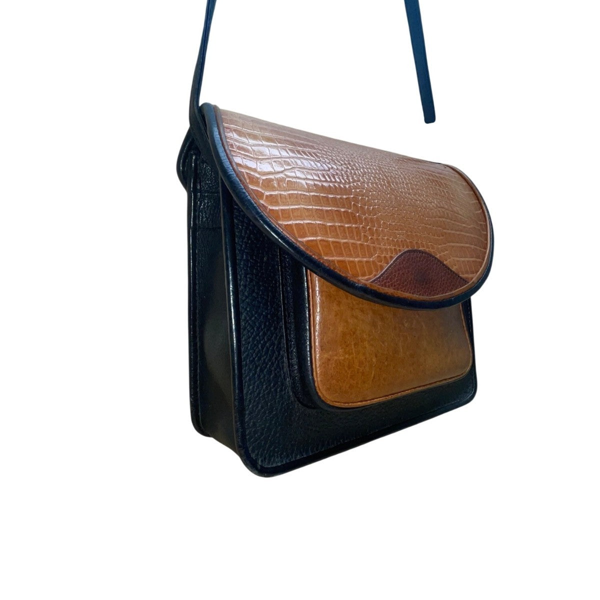 Black & Brown Faux Croc Embossed Leather Flap Magnetic Closure Crossbody Bag