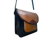 Black & Brown Faux Croc Embossed Leather Flap Magnetic Closure Crossbody Bag