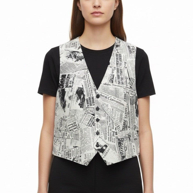 Gouda New York Womens Black & Ivory Newspaper Print Vest Stylish Button Up Sz L