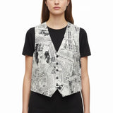 Gouda New York Womens Black & Ivory Newspaper Print Vest Stylish Button Up Sz L