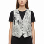 Gouda New York Womens Black & Ivory Newspaper Print Vest Stylish Button Up Sz L