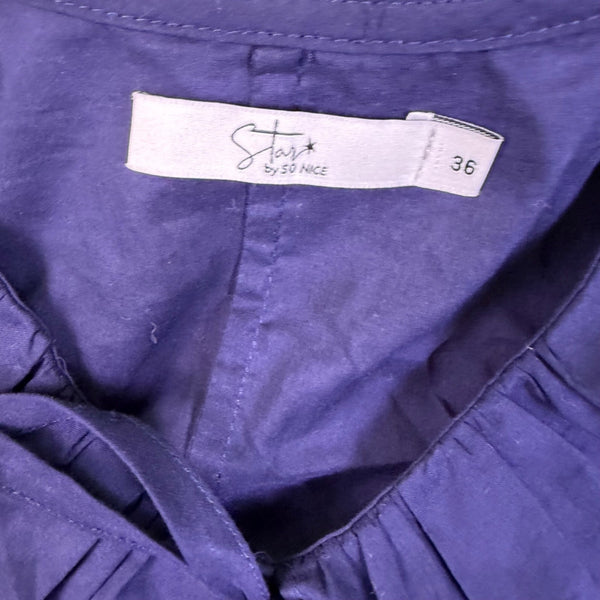 Star By So Nice Womens Navy Cotton Blouse With Ruffled Collar Long Sleeves Sz 36