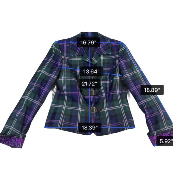 Escada Womens Green & Purple Plaid Wool Blazer Jacket With Buckle Closures Size