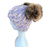 Simplicity Womens Lavender/Beige Knit Hat With Faux Fur Pom-Poms Warm Winter