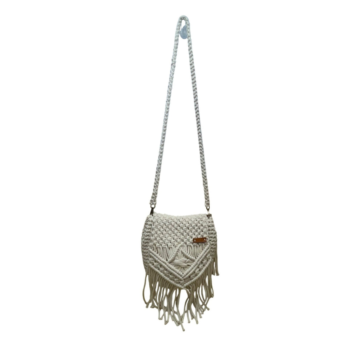 Lucky Hat Women’s White Macrame With Fringe Detail Crossbody Bag