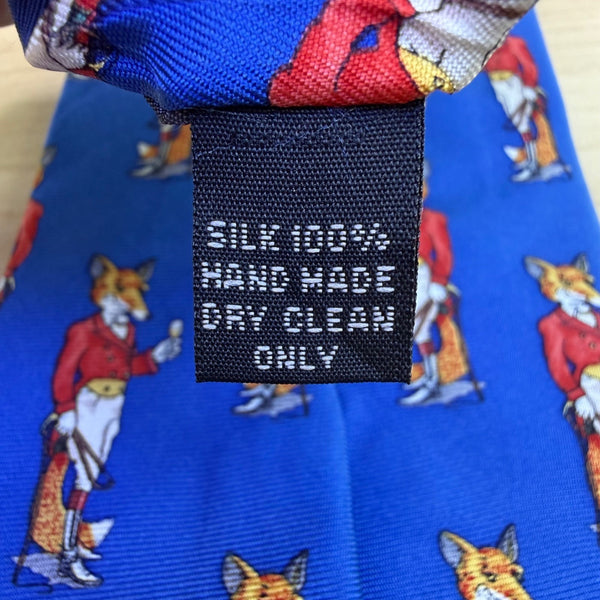 Fox & Chave Mens Blue 100% Silk Novelty Tie With Fox Hunt Pattern Hand Made