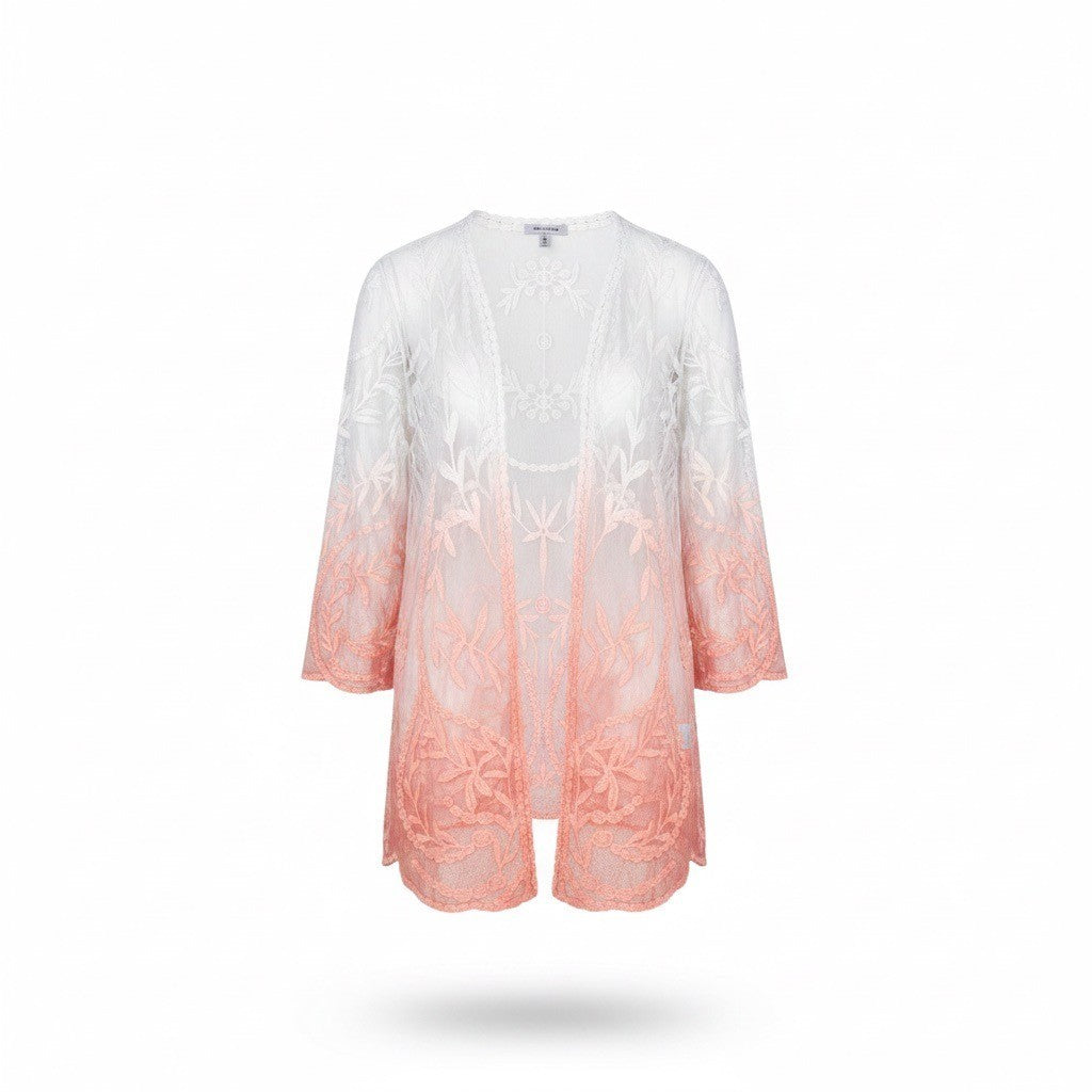Nina Leonard Womens White & Coral Sheer Lace Embroidered Kimono Cardigan Sz 2X