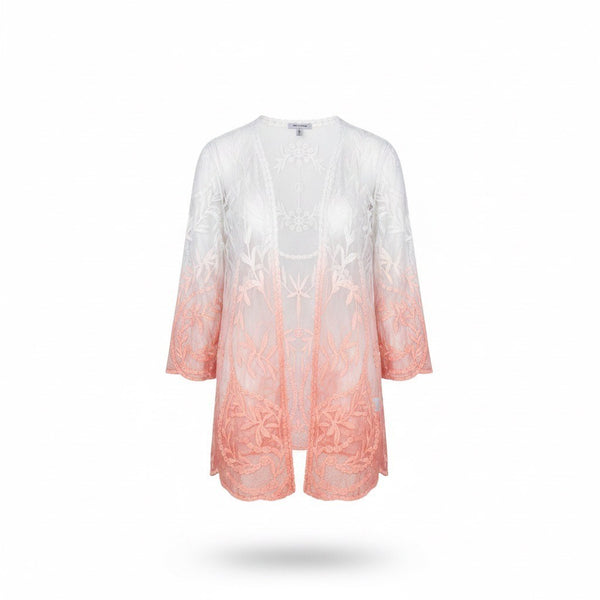 Nina Leonard Womens White & Coral Sheer Lace Embroidered Kimono Cardigan Sz 2X