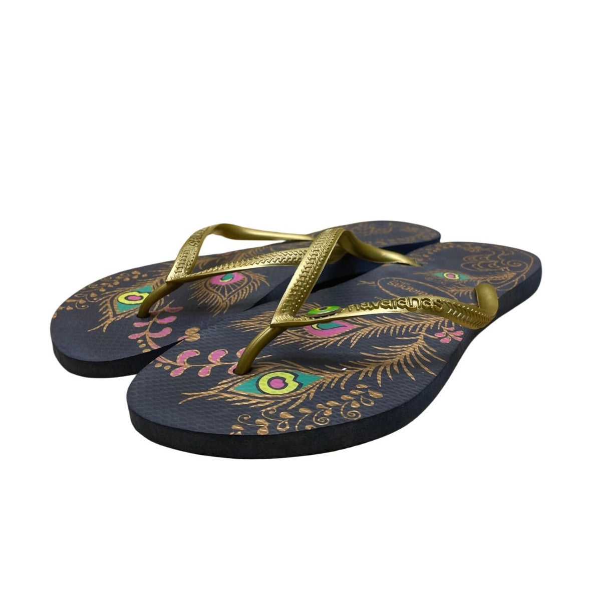 Havaianas Women’s Navy & Gold Peafowl Feather Print Slim Flip Flops Size 9US