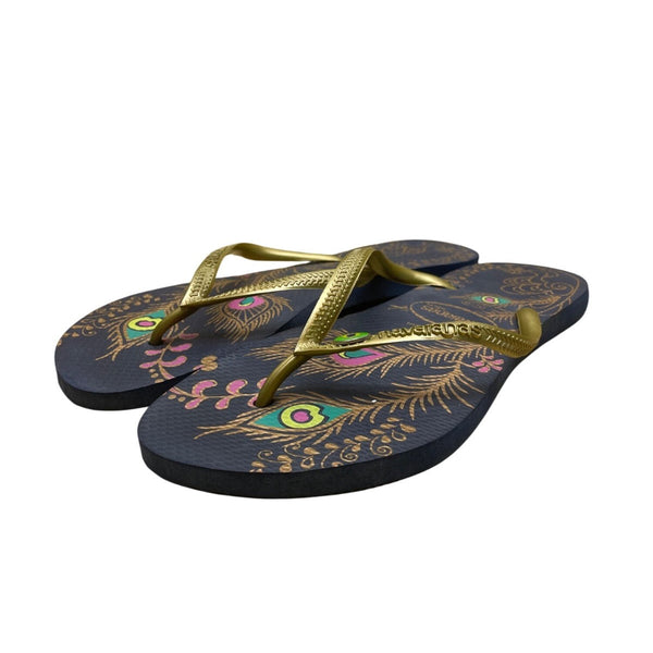 Havaianas Women’s Navy & Gold Peafowl Feather Print Slim Flip Flops Size 9US